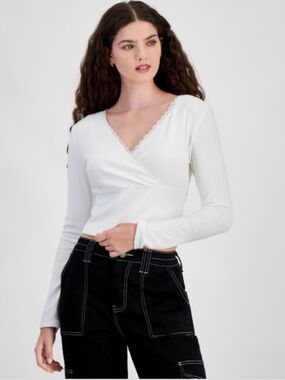 Sugar Moon Rib Knit Surplice Top Snow White S NWT Long Sleeve Wrap Style